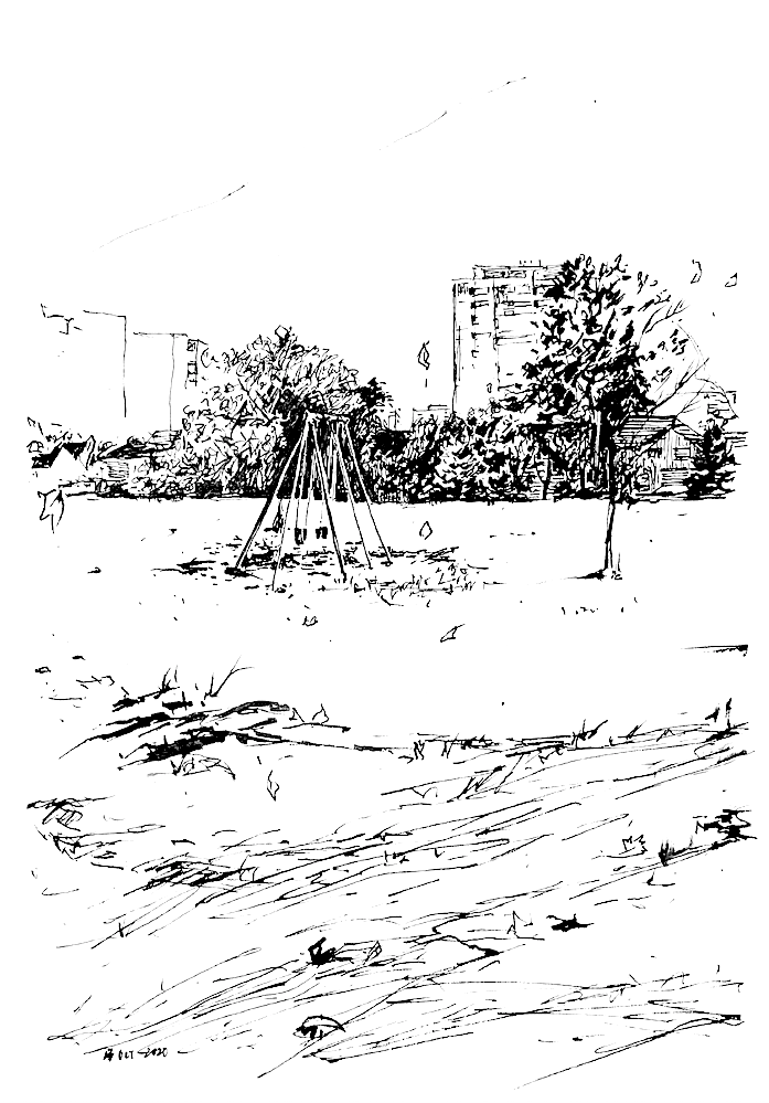 ink drawing of a swing set