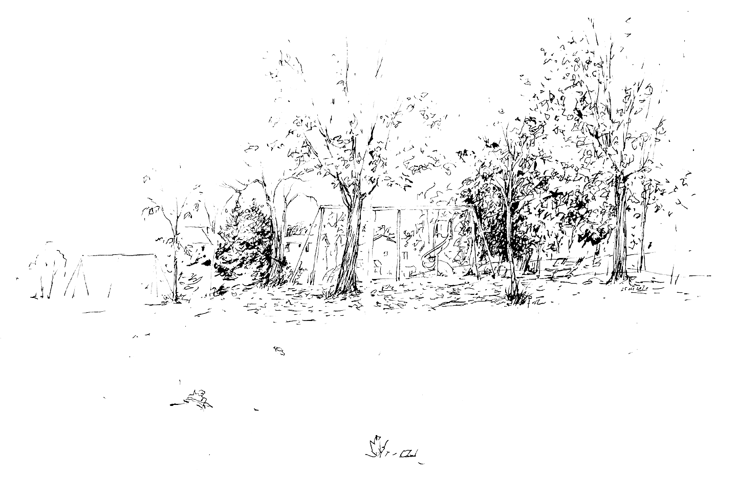 ink drawing of park seen from a short distance away